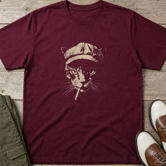 Vintage Cat T-Shirt in Maroon lying on a plain floor. T-shirt is a unisex cut and 100 per cent cotton.