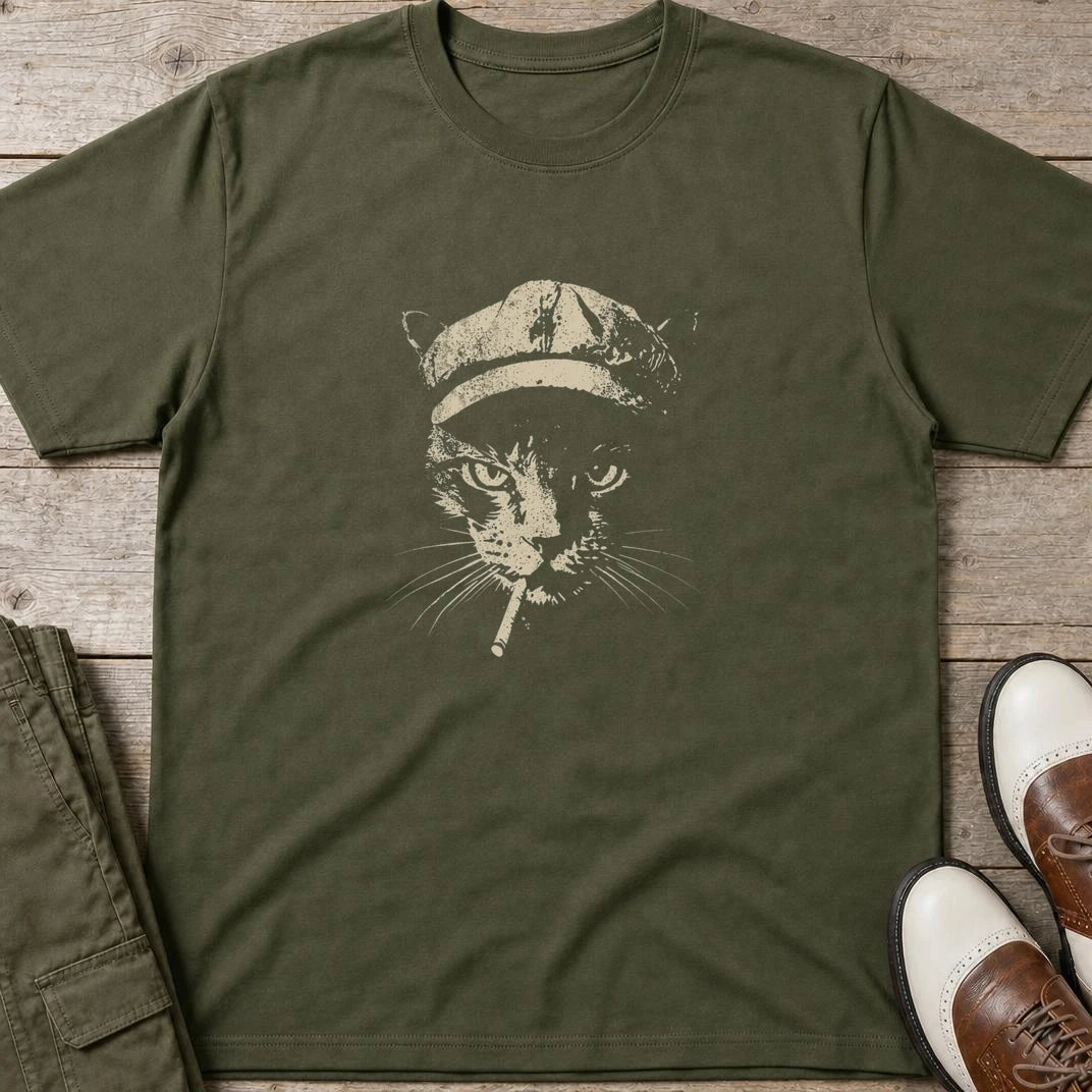 Vintage Cat T-Shirt in Military Green lying on a plain floor. T-shirt is a unisex cut and 100 per cent cotton.