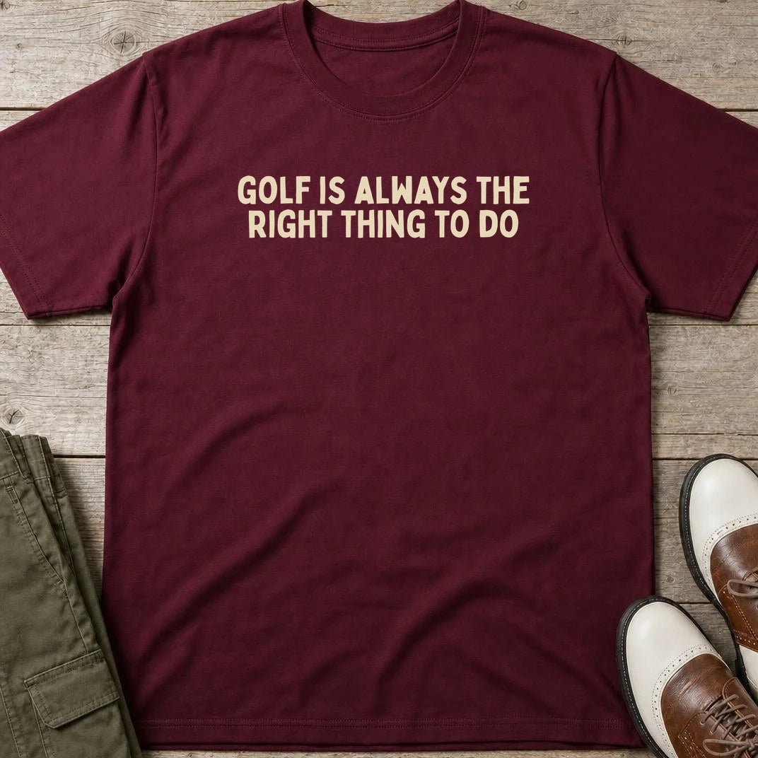 Always The Right Thing T-Shirt in Maroon lying on a plain floor. T-shirt is a unisex cut and 100 per cent cotton.