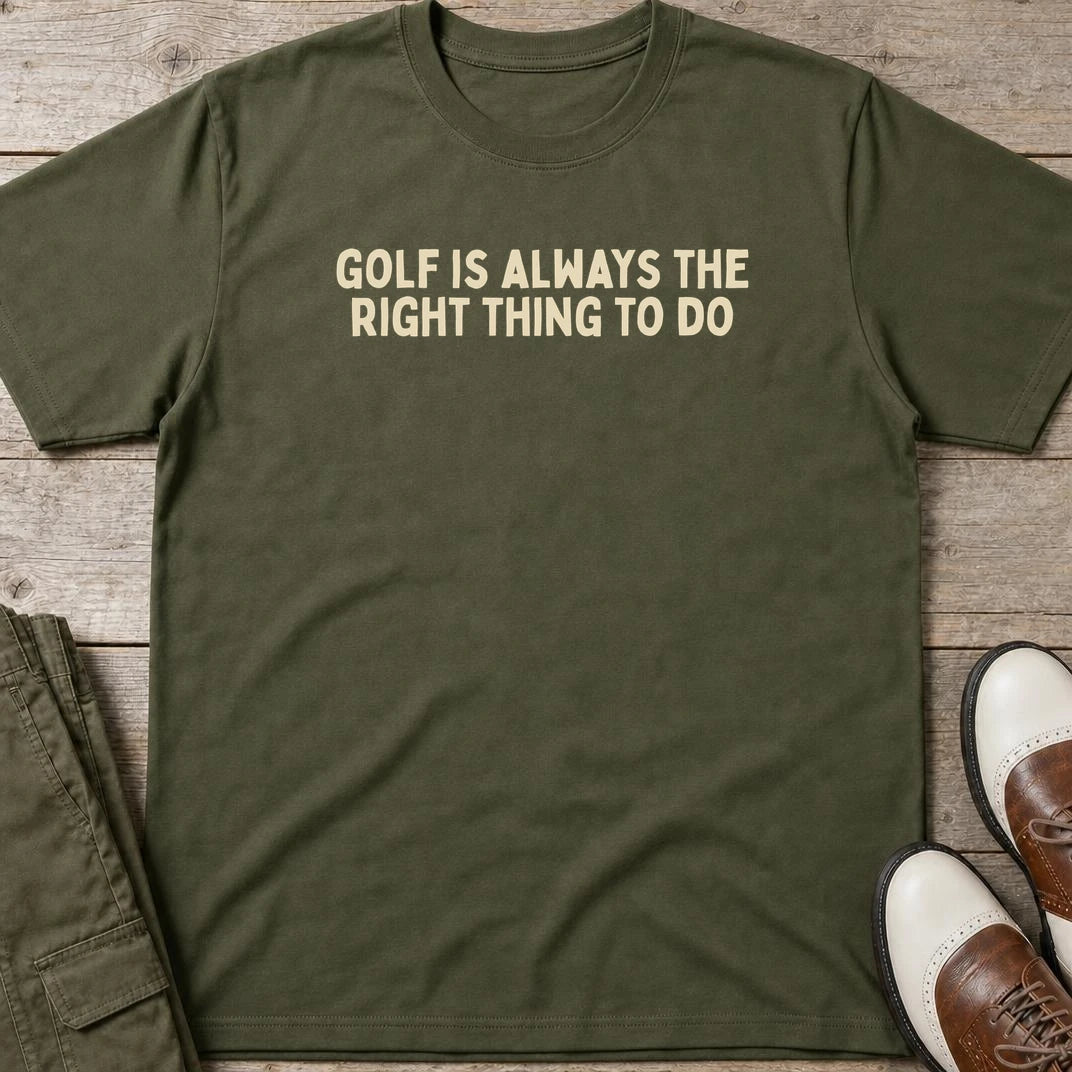 Always The Right Thing T-Shirt in Military Green lying on a plain floor. T-shirt is a unisex cut and 100 per cent cotton.