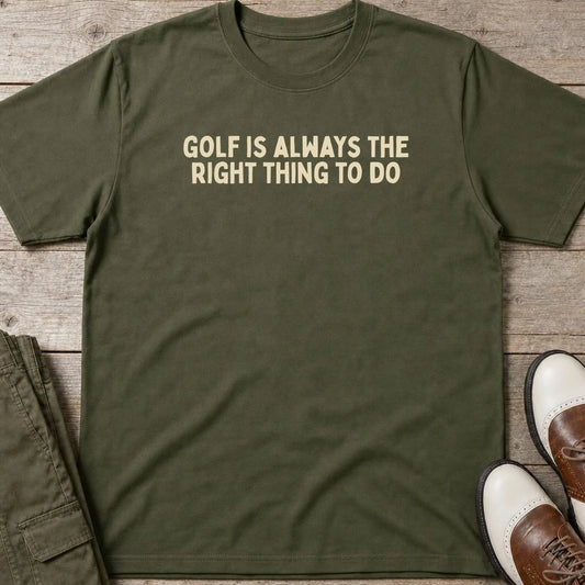 Always The Right Thing T-Shirt in Military Green lying on a plain floor. T-shirt is a unisex cut and 100 per cent cotton.
