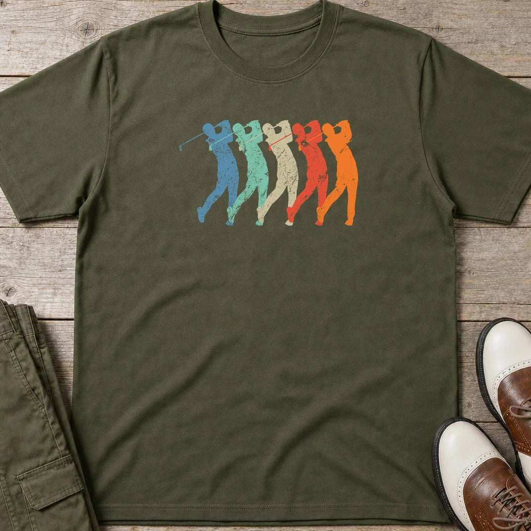 Golf Swing T-Shirt in Military Green lying on a plain floor. T-shirt is a unisex cut and 100 per cent cotton.