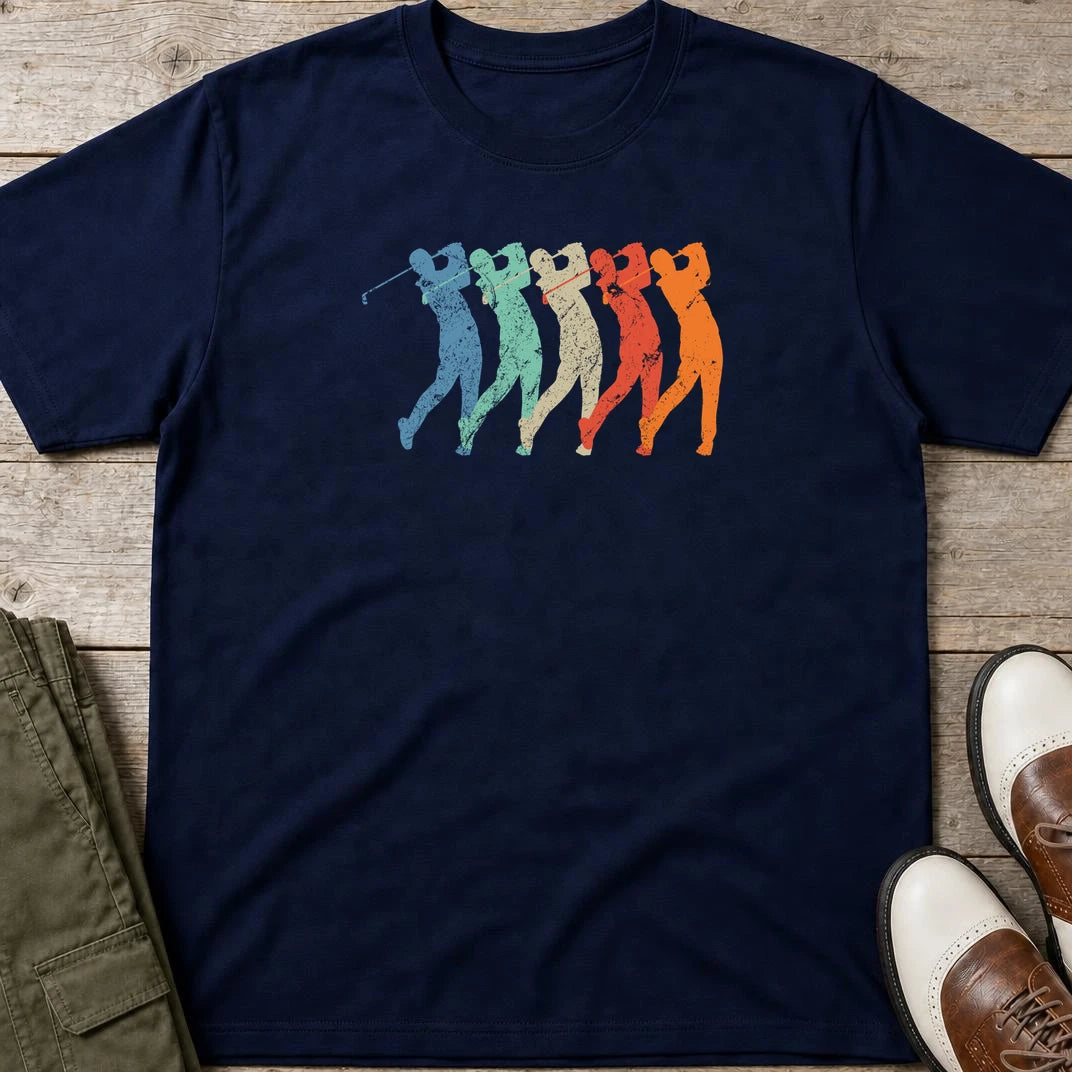 Golf Swing T-Shirt in Navy lying on a plain floor. T-shirt is a unisex cut and 100 per cent cotton.