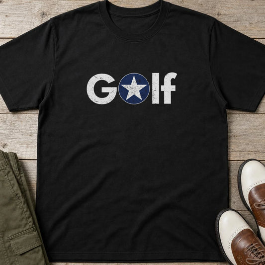 Golf Star T-Shirt in Black lying on a plain floor. T-shirt is a unisex cut and 100 per cent cotton.