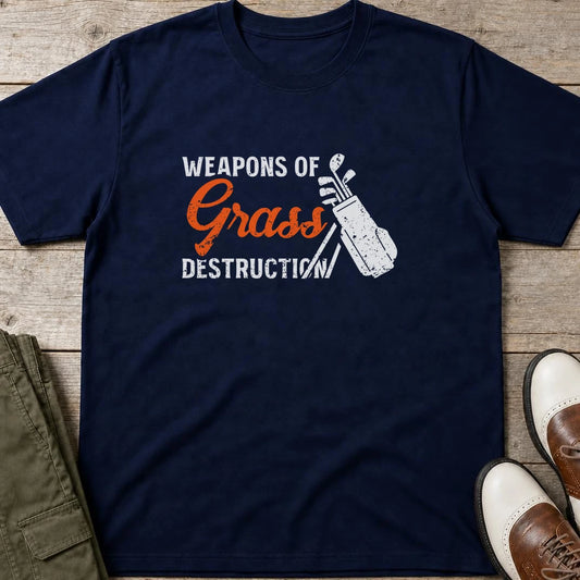 Weapons T-Shirt in Navy lying on a plain floor. T-shirt is a unisex cut and 100 per cent cotton.