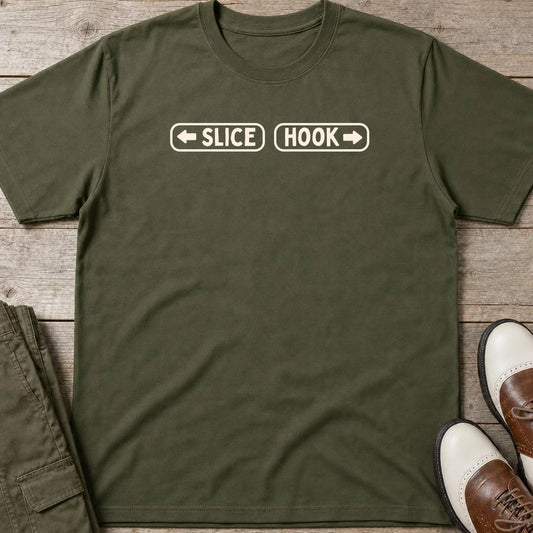 Hook & Slice (RH) T-Shirt in Military Green lying on a plain floor. T-shirt is a unisex cut and 100 per cent cotton.