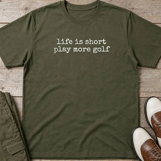 Life Is Short T-Shirt in Military Green lying on a plain floor. T-shirt is a unisex cut and 100 per cent cotton.