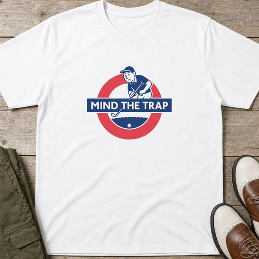 Mind The Trap T-Shirt in White lying on a plain floor. T-shirt is a unisex cut and 100 per cent cotton.