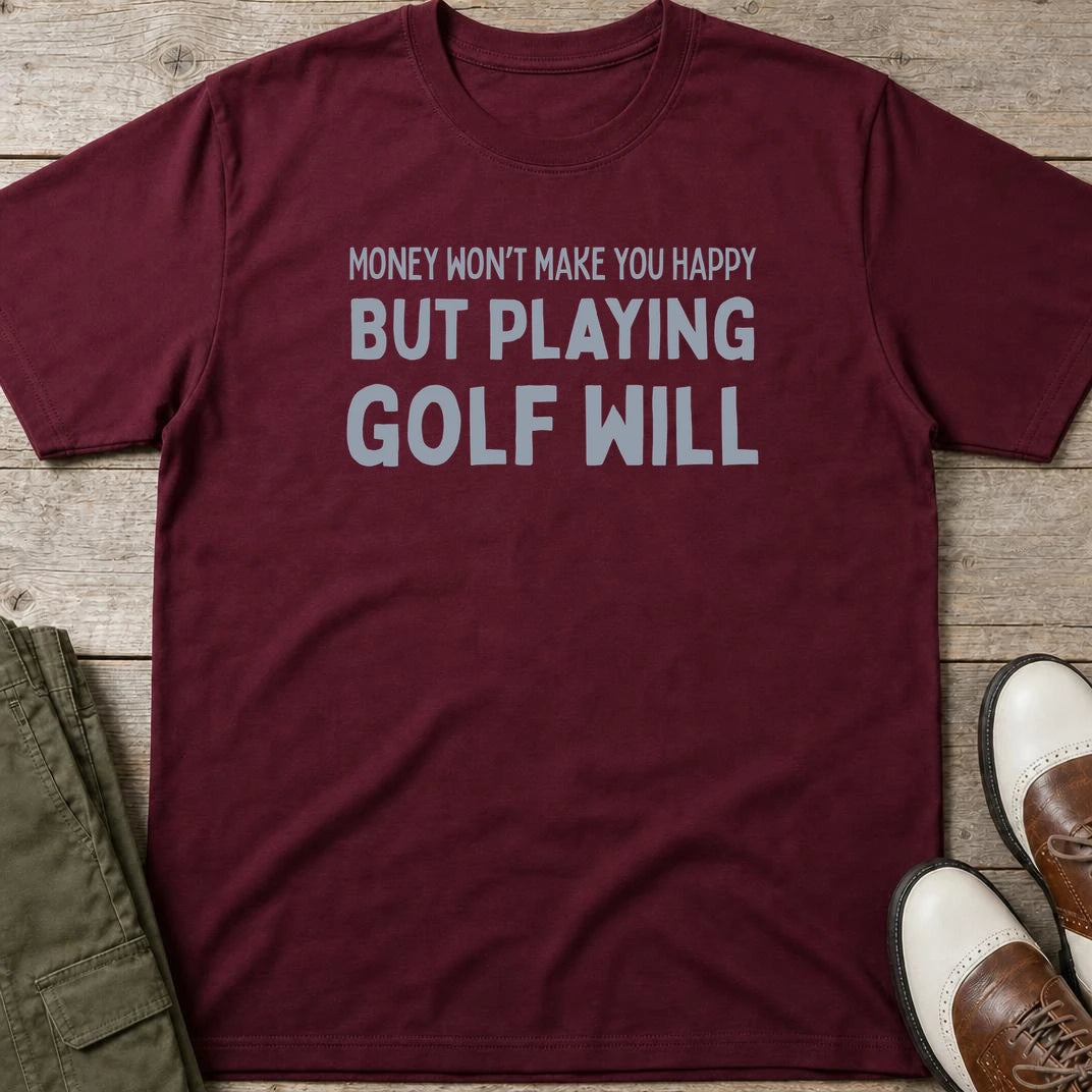 Playing Golf T-Shirt in Maroon lying on a plain floor. T-shirt is a unisex cut and 100 per cent cotton.