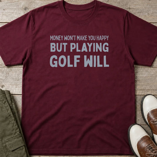 Playing Golf T-Shirt in Maroon lying on a plain floor. T-shirt is a unisex cut and 100 per cent cotton.