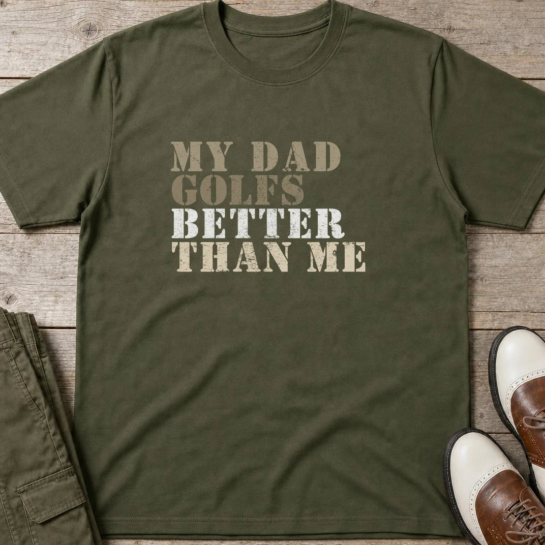 My Dad Golfs T-Shirt in Military Green lying on a plain floor. T-shirt is a unisex cut and 100 per cent cotton.