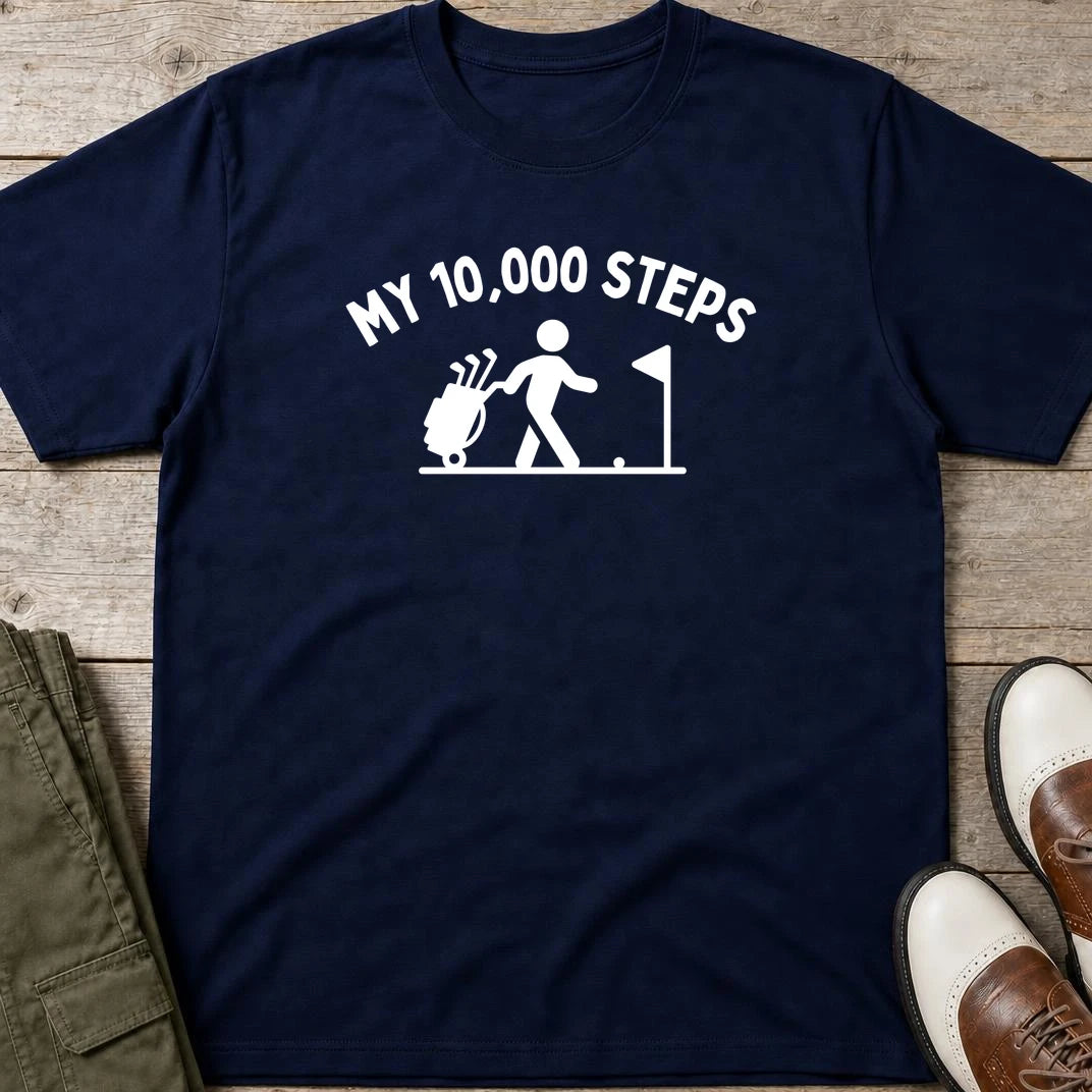 My 10,000 Steps T-Shirt in Navy lying on a plain floor. T-shirt is a unisex cut and 100 per cent cotton.