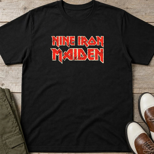 Nine Iron Maiden T-Shirt in Black lying on a plain floor. T-shirt is a unisex cut and 100 per cent cotton.