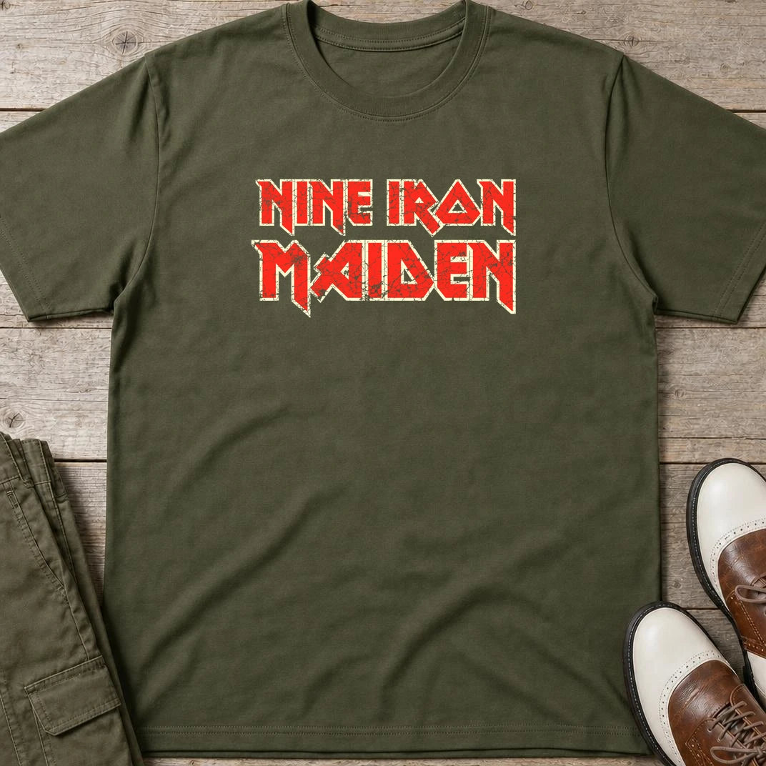 Nine Iron Maiden T-Shirt in Military Green lying on a plain floor. T-shirt is a unisex cut and 100 per cent cotton.