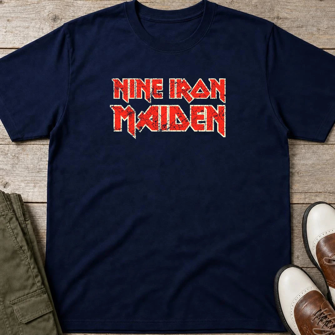 Nine Iron Maiden T-Shirt in Navy lying on a plain floor. T-shirt is a unisex cut and 100 per cent cotton.