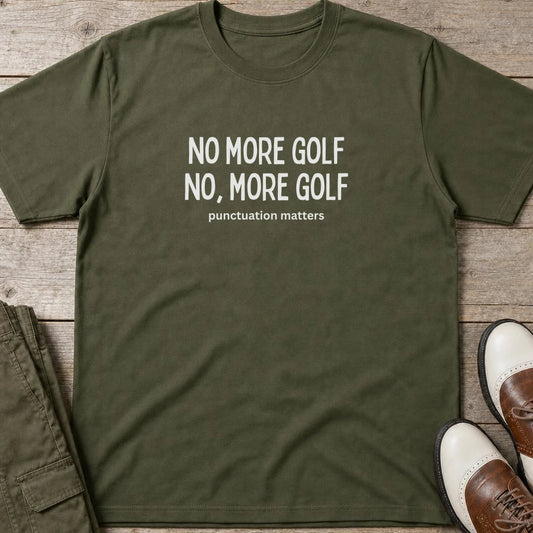More Golf T-Shirt in Military Green lying on a plain floor. T-shirt is a unisex cut and 100 per cent cotton.