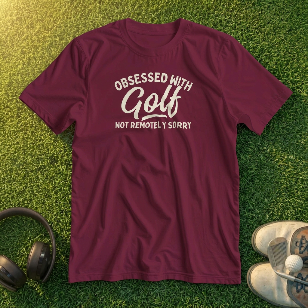 Obsessed With Golf T-Shirt in lying on a plain floor. T-shirt is a unisex cut and 100 per cent cotton.