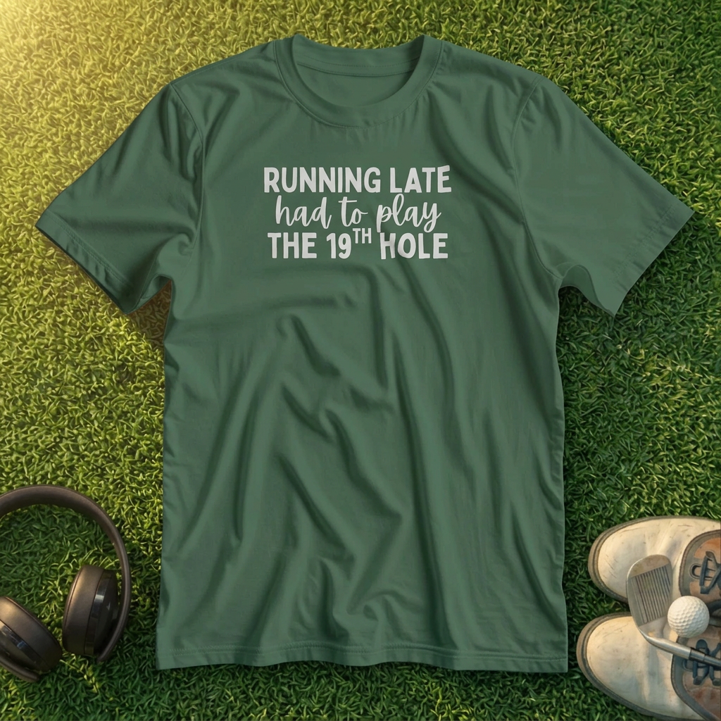 Running Late T-Shirt in lying on a plain floor. T-shirt is a unisex cut and 100 per cent cotton.
