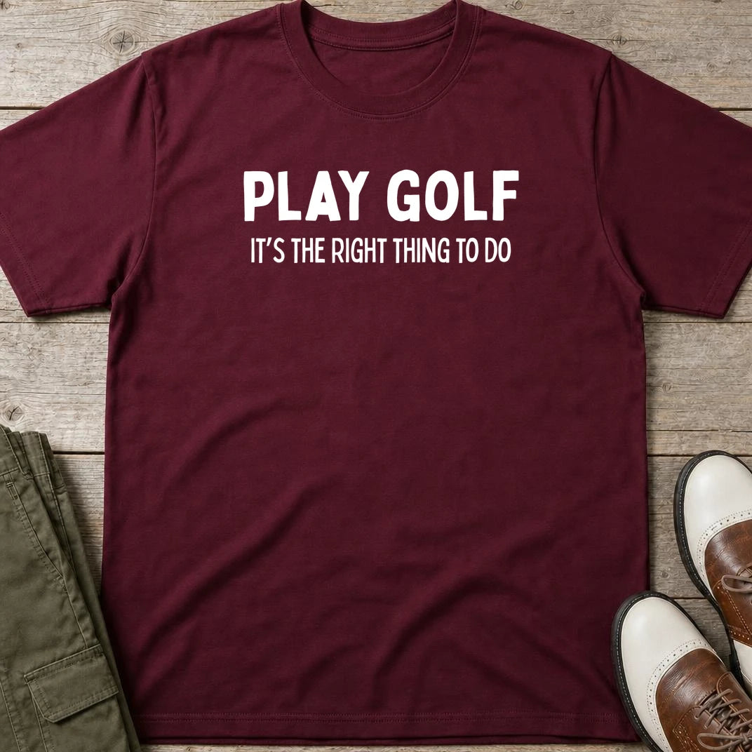 The Right Thing T-Shirt in Maroon lying on a plain floor. T-shirt is a unisex cut and 100 per cent cotton.