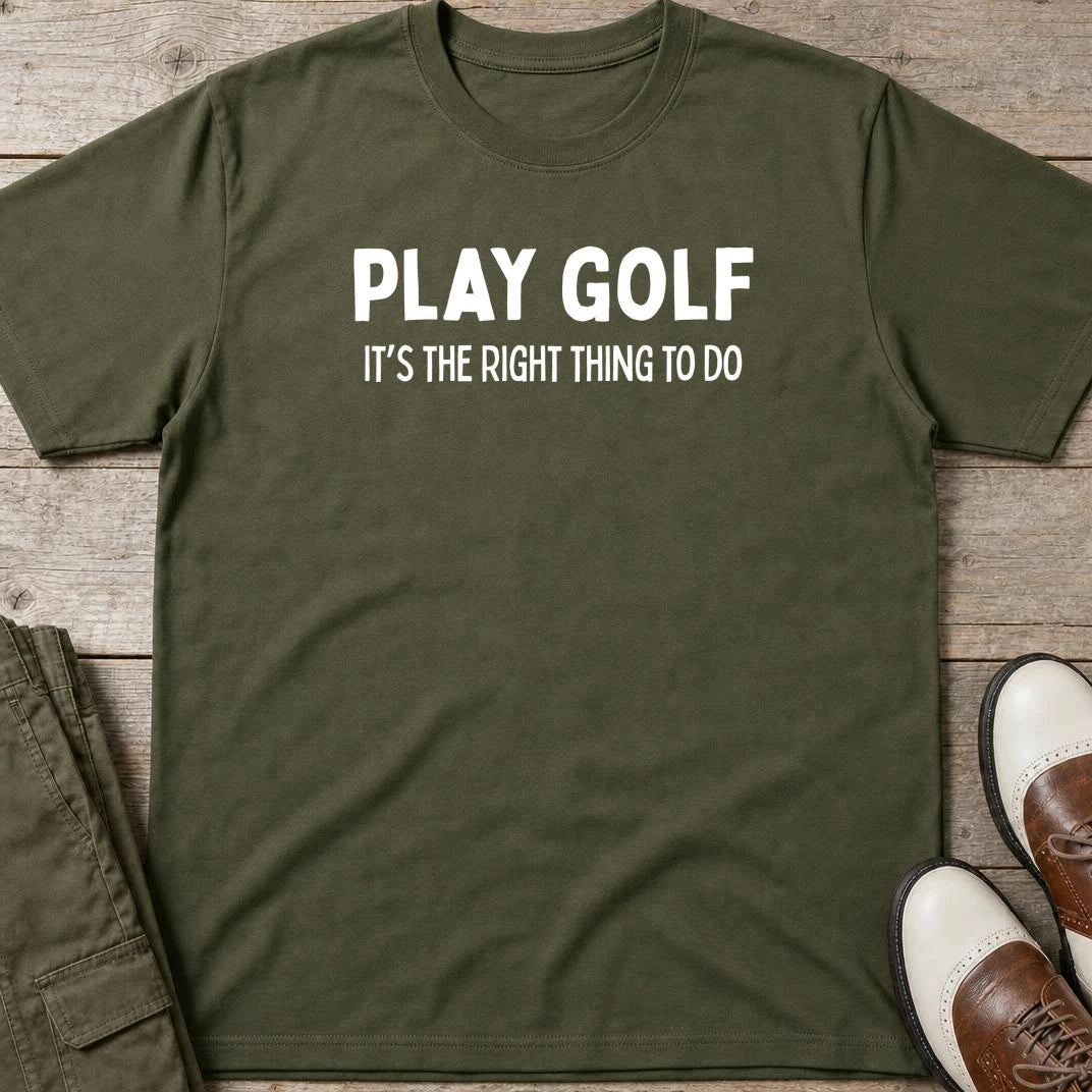 The Right Thing T-Shirt in Military Green lying on a plain floor. T-shirt is a unisex cut and 100 per cent cotton.