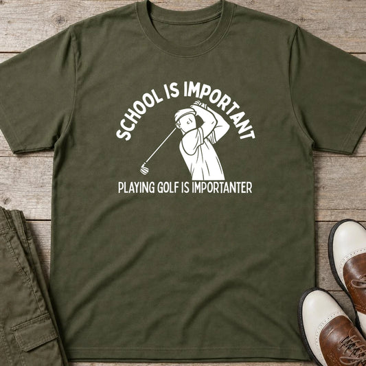 Golf Is Importanter T-Shirt in Military Green lying on a plain floor. T-shirt is a unisex cut and 100 per cent cotton.