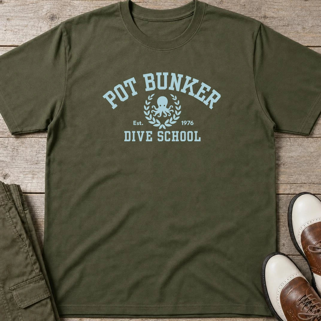 Pot Bunker T-Shirt in Military Green lying on a plain floor. T-shirt is a unisex cut and 100 per cent cotton.