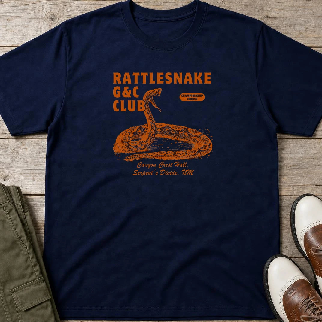 Rattlesnake G&C T-Shirt in Navy lying on a plain floor. T-shirt is a unisex cut and 100 per cent cotton.