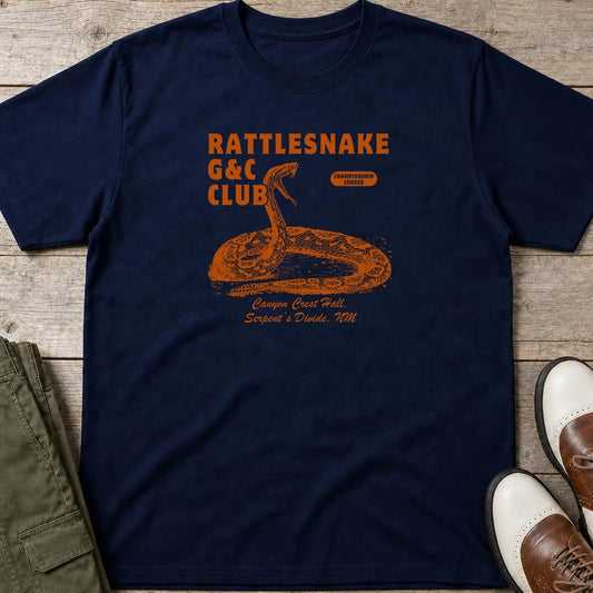 Rattlesnake G&C T-Shirt in Navy lying on a plain floor. T-shirt is a unisex cut and 100 per cent cotton.
