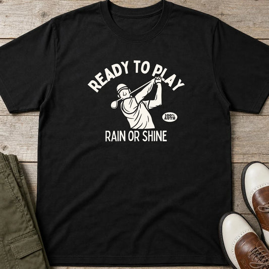 Ready To Play T-Shirt in Black lying on a plain floor. T-shirt is a unisex cut and 100 per cent cotton.