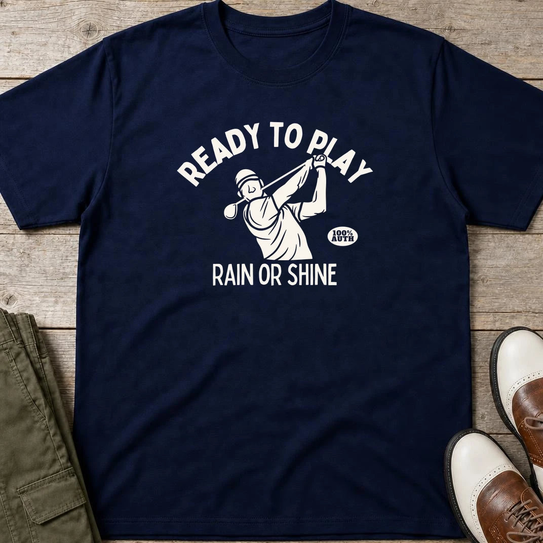 Ready To Play T-Shirt in Navy lying on a plain floor. T-shirt is a unisex cut and 100 per cent cotton.