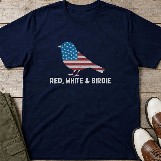 Red White Birdie T-Shirt in Navy lying on a plain floor. T-shirt is a unisex cut and 100 per cent cotton.