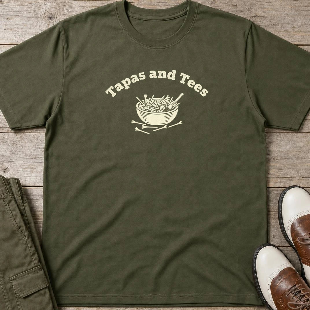 Tapas T-Shirt in Military Green lying on a plain floor. T-shirt is a unisex cut and 100 per cent cotton.
