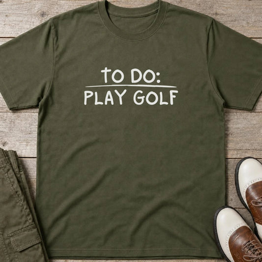 To Do T-Shirt in Military Green lying on a plain floor. T-shirt is a unisex cut and 100 per cent cotton.