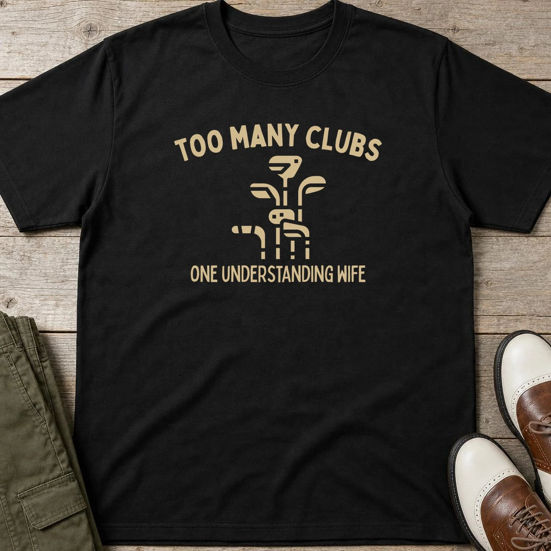 Understanding Wife T-Shirt in Black lying on a plain floor. T-shirt is a unisex cut and 100 per cent cotton.
