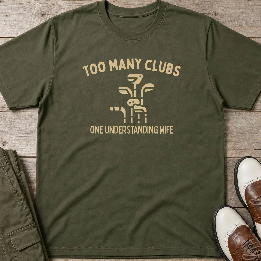 Understanding Wife T-Shirt in Military Green lying on a plain floor. T-shirt is a unisex cut and 100 per cent cotton.