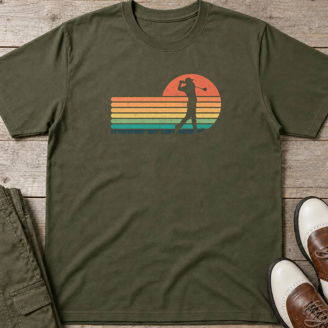 Vintage Golfer T-Shirt in Military Green lying on a plain floor. T-shirt is a unisex cut and 100 per cent cotton.