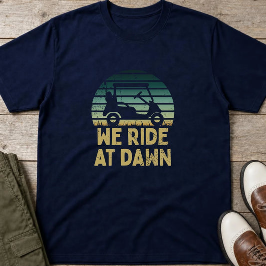 Ride At Dawn T-Shirt in Navy lying on a plain floor. T-shirt is a unisex cut and 100 per cent cotton.